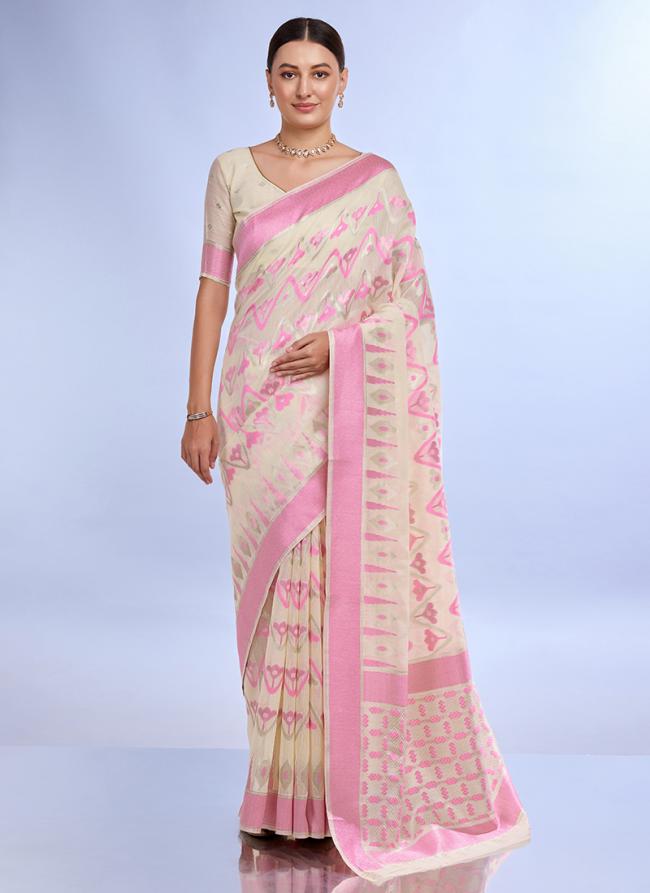 Linen Silk White Casual Wear Jacquard Work Saree